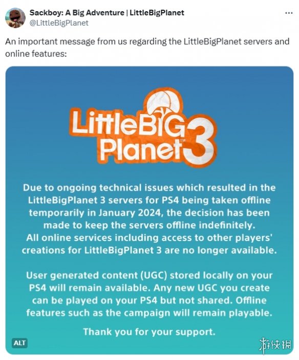 实在可惜！官方宣布《小小大星球3》服务器将永久关闭