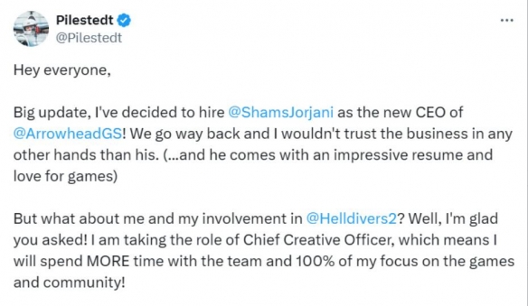 《绝地潜兵2》箭头工作室创始人宣布将卸任CEO职位！